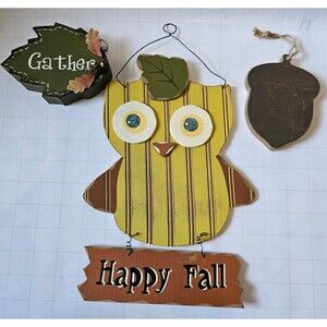 Rustic Fall Wooden Decor Trio Owl Gather Leaf Acorn Autumn Signs